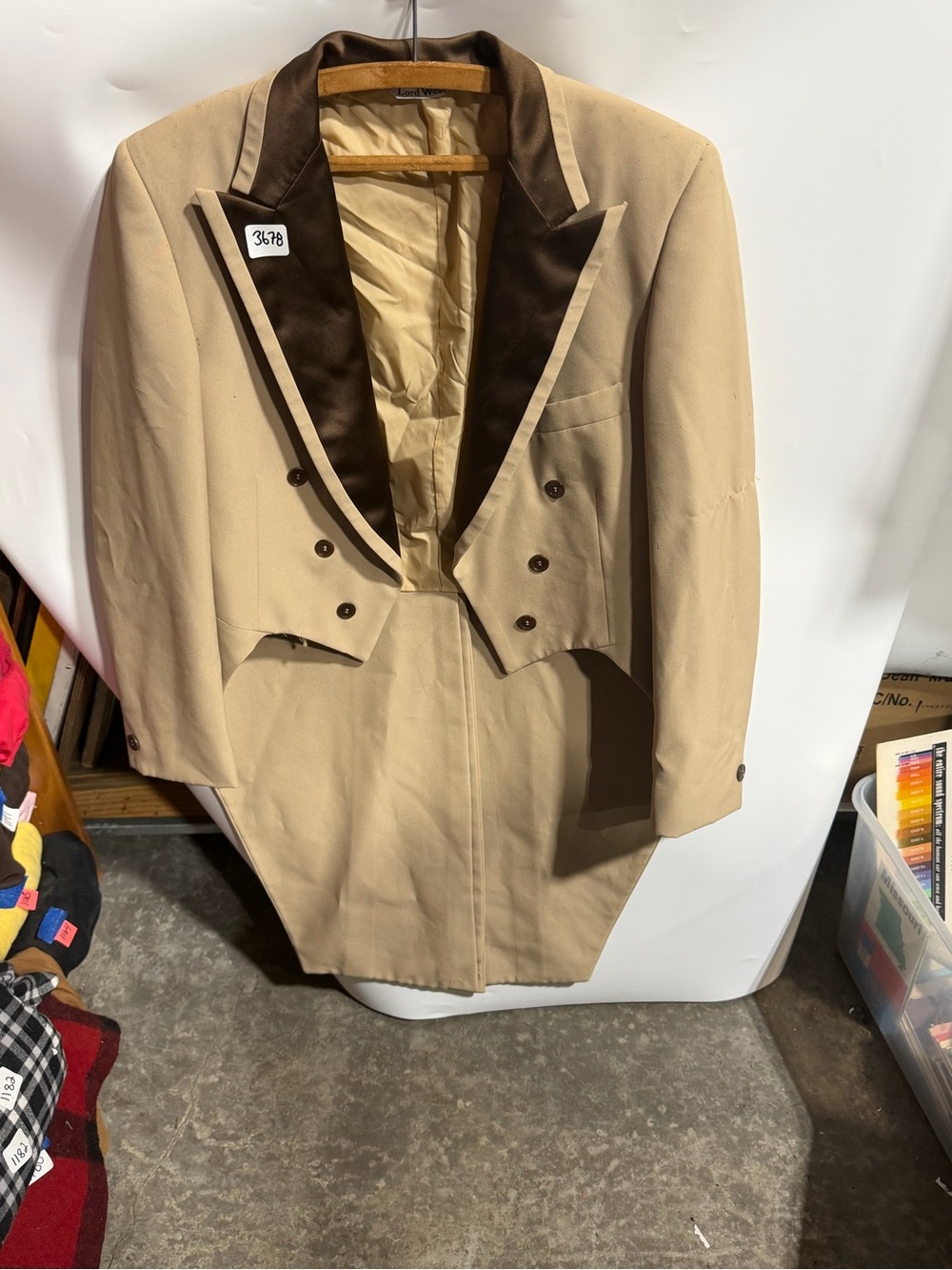 #3678-Vintage Tailcoat Jacket in Beige with Dark Brown Satin Lapel